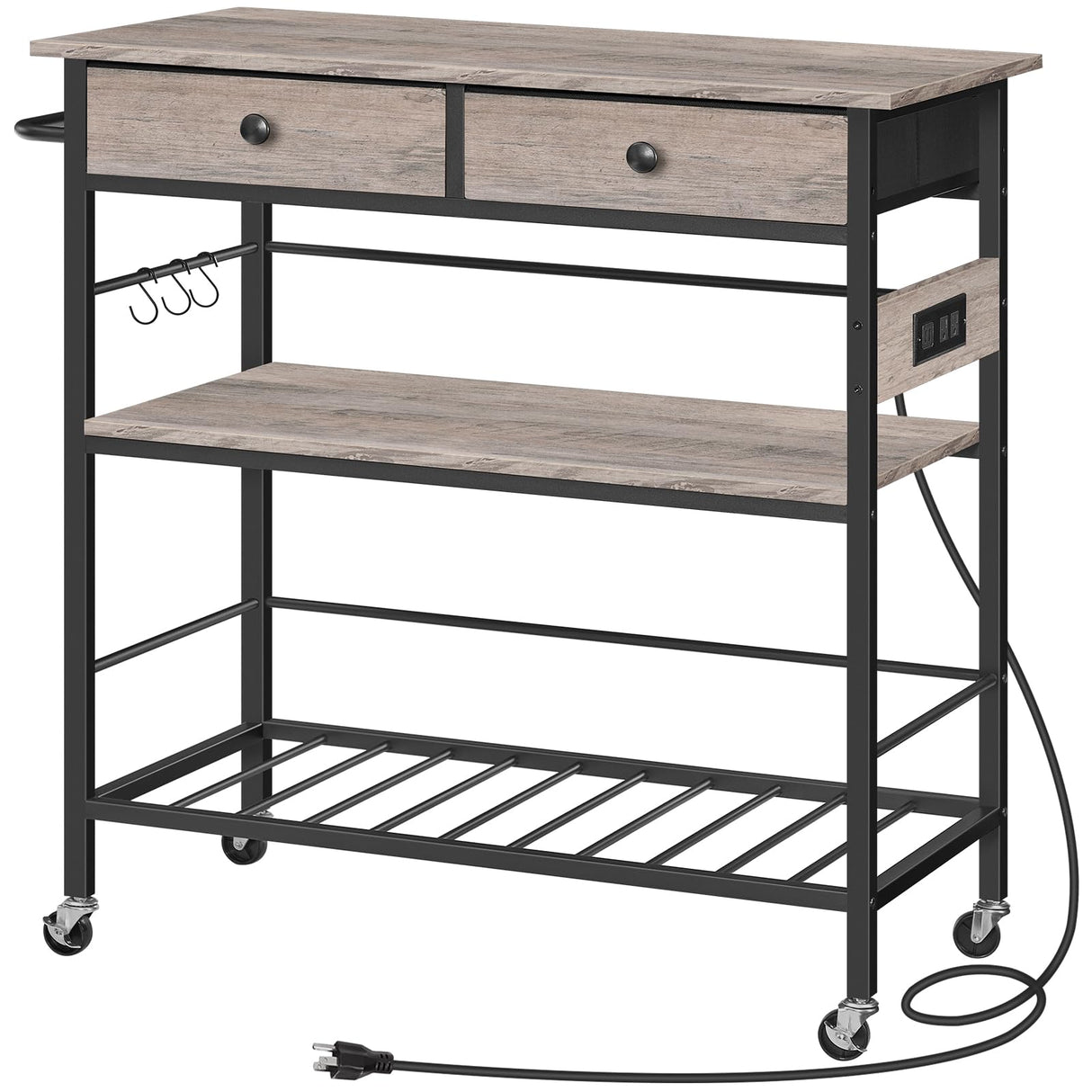 HOOBRO Kitchen Island with Storage, Rolling Island Cart for Kitchen with 2 Drawers & Outlet, 3 Tier Coffee Station and Microwave Stand, Kitchen Island Table for Home, Greige and Black BG08UZD01 HOOBRO