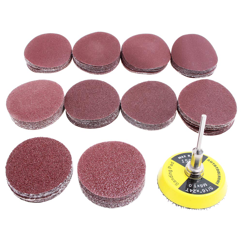 AUTOTOOLHOME 100 Pack 2 inch Sanding Discs Kit with Polishing Pads Plate 40 60 80 100 120 150 180 240 320 400 Grit Sandpapers for Drill Grinder Rotary Tool AUTOTOOLHOME
