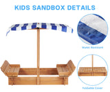 Kids Sandbox with Adjustable Cover and Foldable Bench Seats, 46''x46'' Outdoor Wooden Sandpit for Backyard Play SoliWood