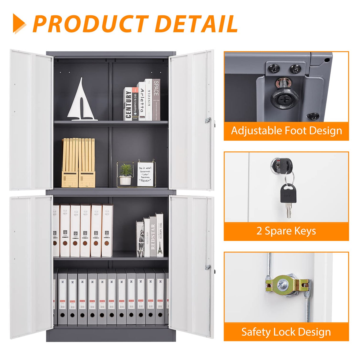 Anxxsu Metal Storage Cabinet, 71" Steel Cabinet with 2 Adjustable Shelves, Locking 4 Doors File Cabinet for Home, School, Office, Hospital, Garage Storage (Grey White) Anxxsu