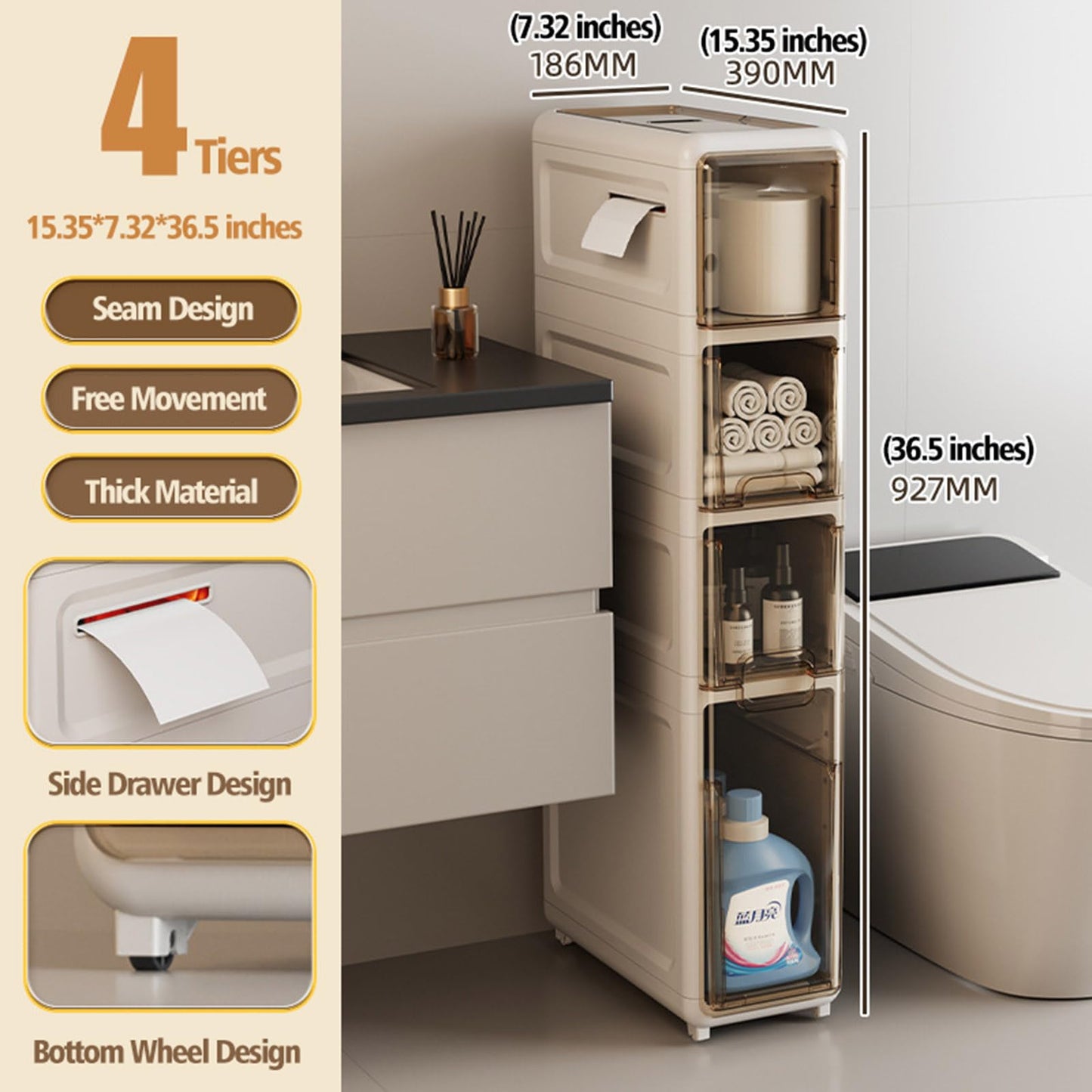 Slim Bathroom Storage Cabinet with Clear Drawers Movable Side Narrow Organizer Unit Toilet Paper Holder Freestanding Shelve Box for Small Space Kitchen Laundry Gap - Already Assembled (4-Tiers)