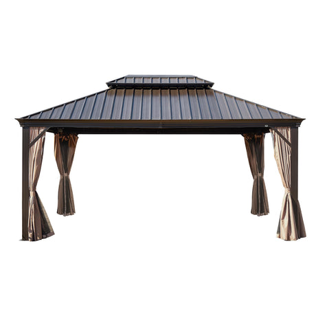 Ulax Furniture 10' x 12' Hardtop Gazebo with Mosquito Net and Privacy Curtain, Outdoor Aluminum Gazebo 2-Tier Hardtop Galvanized Iron Aluminum Frame for Patios, Deck and Lawns Ulax furniture