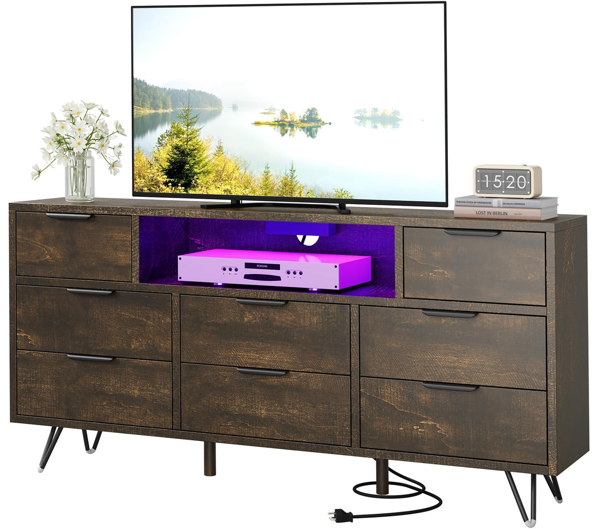 TV Cabinet with Storage LED Lights,Power Outlets,Dresser with 8 Drawers Open Shelf,TV Stand for 32/45/55/65 Inches,Metal Frame & Wood Top Storage Cabinet for Bedroom,Living Room,Hallway Takywep