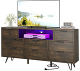 TV Cabinet with Storage LED Lights,Power Outlets,Dresser with 8 Drawers Open Shelf,TV Stand for 32/45/55/65 Inches,Metal Frame & Wood Top Storage Cabinet for Bedroom,Living Room,Hallway Takywep