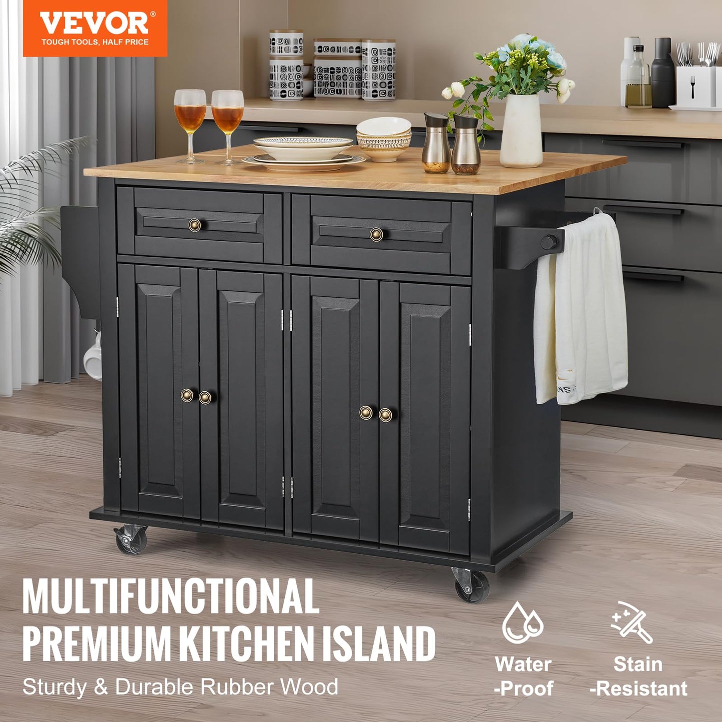 VEVOR Kitchen Island Cart, 35" Wood Top Mobile Carts with Storage Cabinet, Rolling Table with Drop Leaf, Spice Rack, Towel Bar, Adjustable Shelf, Drawer, and Hooks, Portable Islands on Wheels, Black