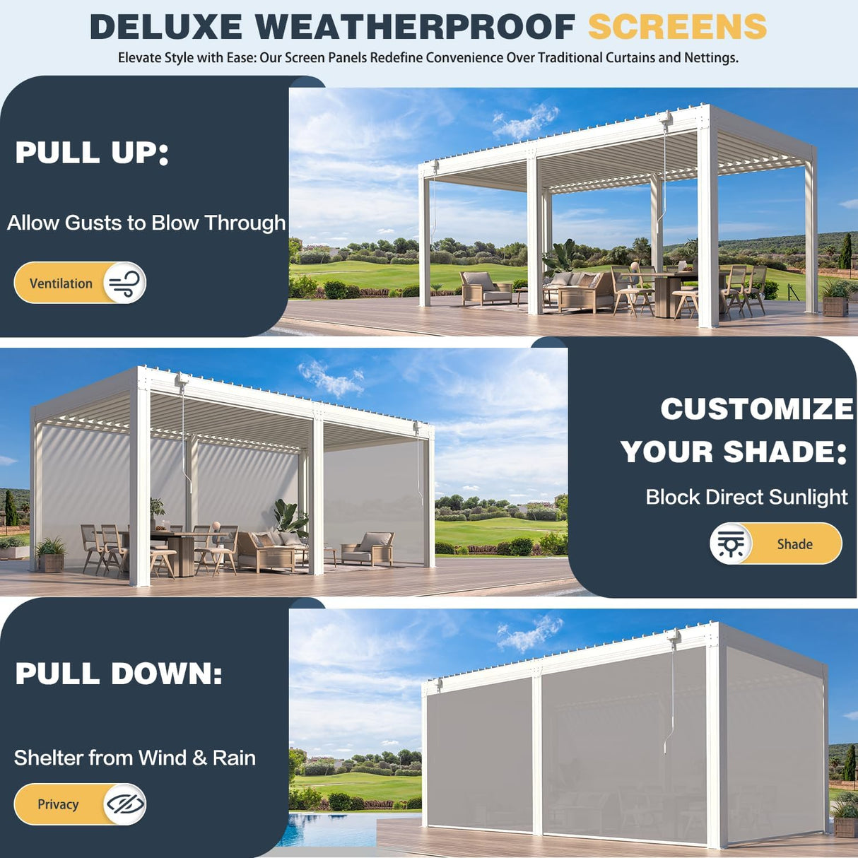 MELLCOM 10x20FT Louvered Pergola with 6-Panel Pull-Down Screen, Aluminum Pergola with Adjustable Rainproof Roof for Patio, Lawn & Garden, White MELLCOM