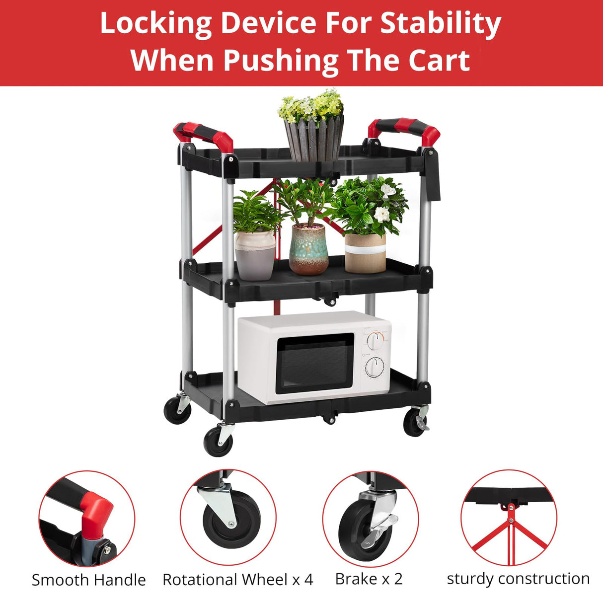 Foldable Utility Service Cart, 3 Shelf 168LBS Heavy Duty Plastic Rolling Cart with 360° Swivel Wheels (2 with Brakes), Ergonomic Handle, Portable Garage Tool Cart for Warehouse Office Home, Black PioneerWorks