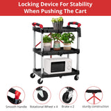 Foldable Utility Service Cart, 3 Shelf 168LBS Heavy Duty Plastic Rolling Cart with 360° Swivel Wheels (2 with Brakes), Ergonomic Handle, Portable Garage Tool Cart for Warehouse Office Home, Black PioneerWorks