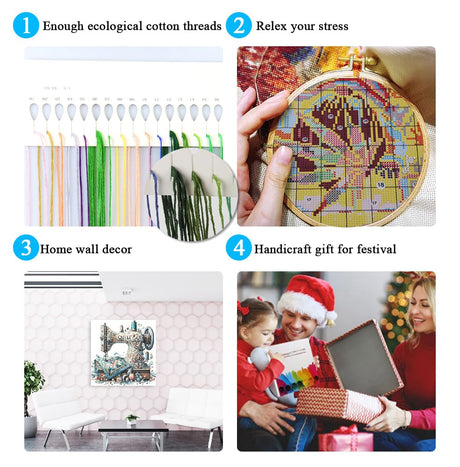 Sewing Machine Stamped Cross Stitch Kits - Vintage Sewing Machine Counted Cross Stitch Kits for Adults, Needlepoint Cross-Stitch Patterns Dimensions Needlecrafts Embroidery Kits 13.7x13.7 Inches uuxsretaio