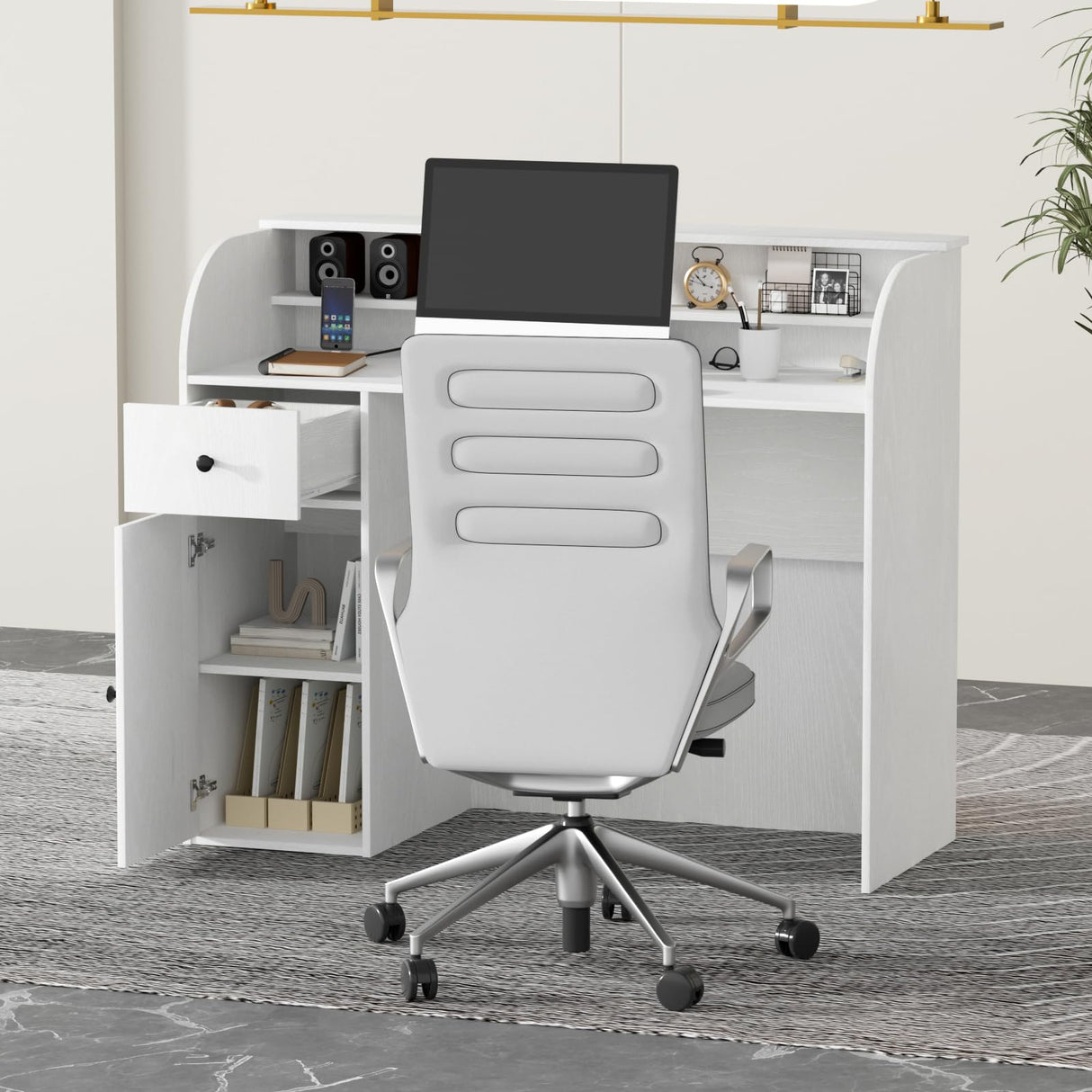 VOWNER Modern Reception Desk with Storage Drawers, 39.4" H Office Counter with LED Lighting, Secretary Desk with Power Outlets – Front Desk for Salon, Lobby – White (47.2" W x 18.9" D x 39.4" H) VOWNER