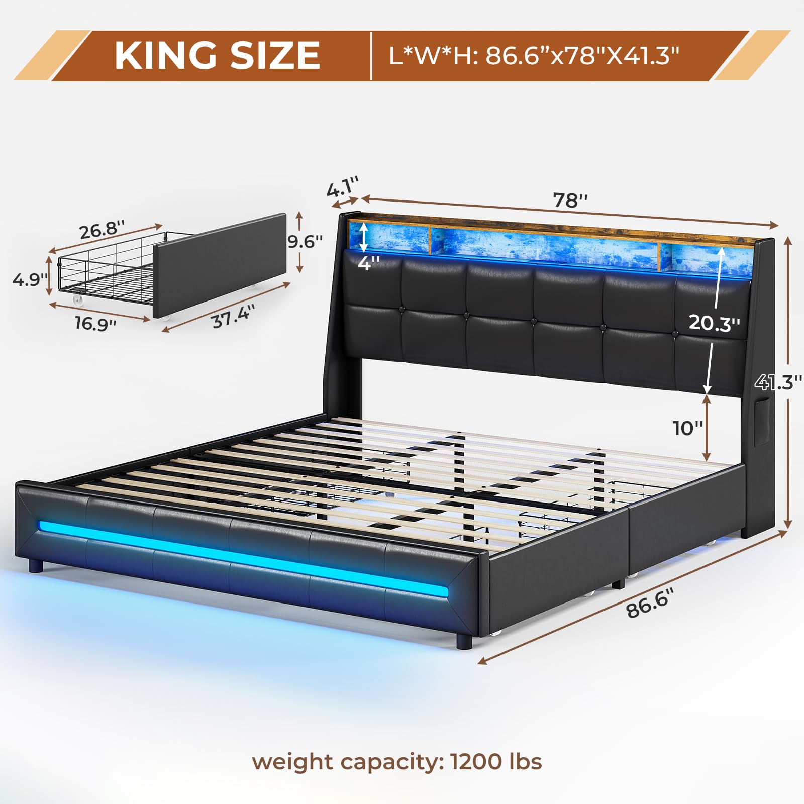 MSmask King Size Bed Frame with LED Lights, Storage Drawers, Charging Station & Wingback Headboard - WoodArtSupply