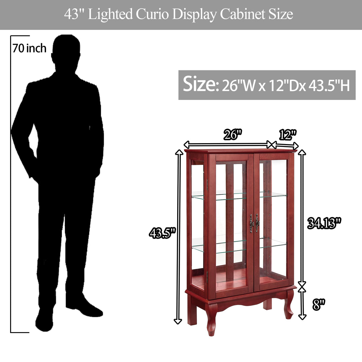43"H Lighted Display Curio Cabinet, 3-Tier Glass Accent Storage Cabinet Curio Showcase w/ 2 Doors & Adjustable Shelves, Wine Artwork Storage Rack w/ Mirrored Back Panel for Living Room (Cherry) TRJQBCC