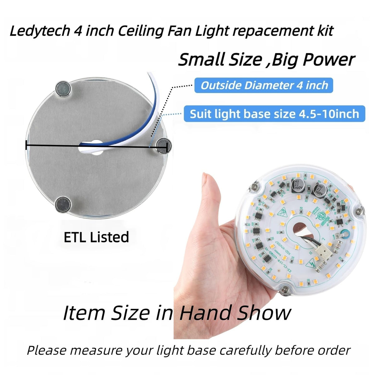 Ledytech 4 inch Retrofit Light Kit for Ceiling Fan Light Replacement Panel PCB 18W 6000K 2200LM 120V CRI90 Dimmable ETL (White 6000K) Ledytech