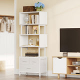 Casaottima 7 Tier Bookshelf, Tall Geometric Bookcase with Fabric Drawers, Modern Display Book Shelves Book Case for Living Room Bedroom, Wood Decorative Standing Shelving Unit for Home Office, White Casaottima