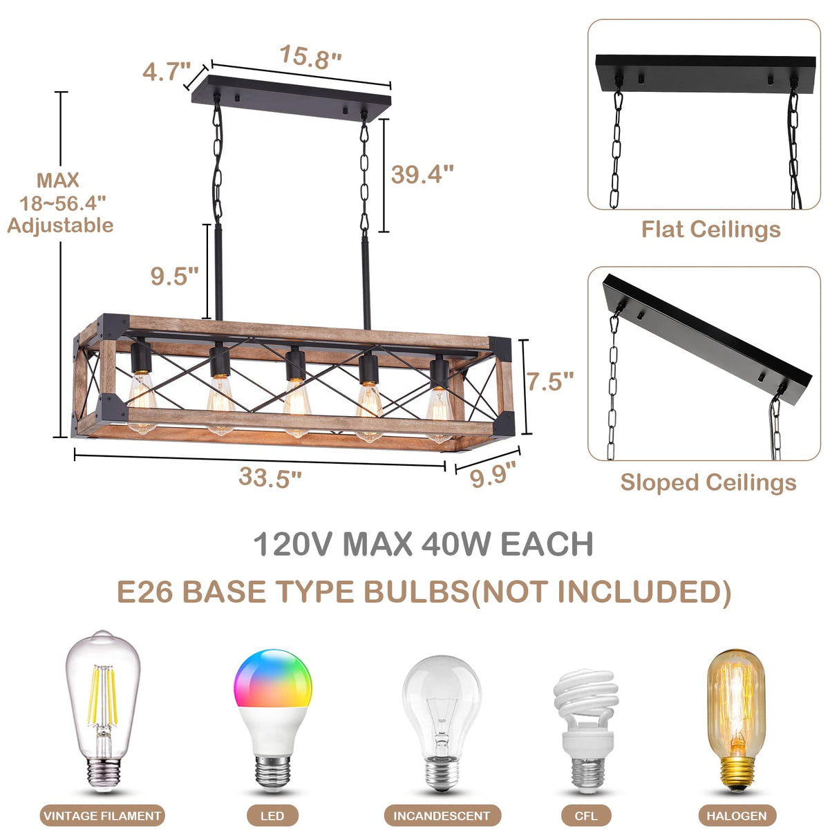 Bribyit Farmhouse Kitchen Island Lighting, 5-Light Dining Room Light Fixture, Farmhouse Linear Chandelier with Solid Wood for Dining Room Kitchen Bar Pool Table Bribyit