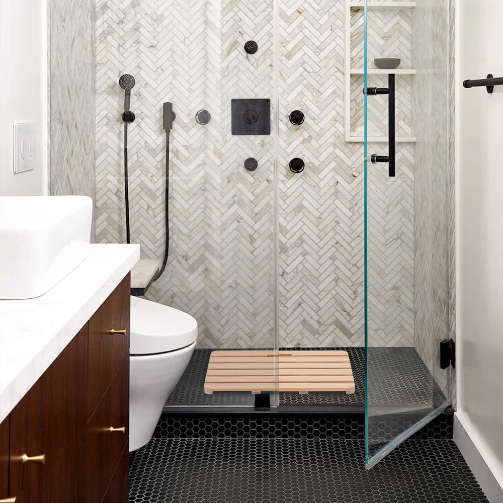 Wooden Bath Mat Non-Slip Hinoki Cypress Wood Shower Mat Waterproof Luxury Spa Bathtub Mat for Indoor or Outdoor Use, 21 x 14 x 1 Inches Rsuwiz
