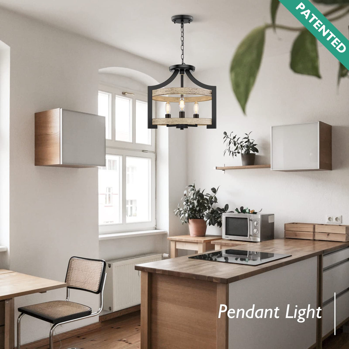 3-Light Rustic Farmhouse Pendant Hanging Light Adjustable Height Max 68in, Convertible Vintage Semi Flush Mount Ceiling Light Fixture Black Metal Chandelier White Birch Wood Finish Kitchen Dining Room BesLowe