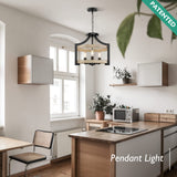 3-Light Rustic Farmhouse Pendant Hanging Light Adjustable Height Max 68in, Convertible Vintage Semi Flush Mount Ceiling Light Fixture Black Metal Chandelier White Birch Wood Finish Kitchen Dining Room BesLowe
