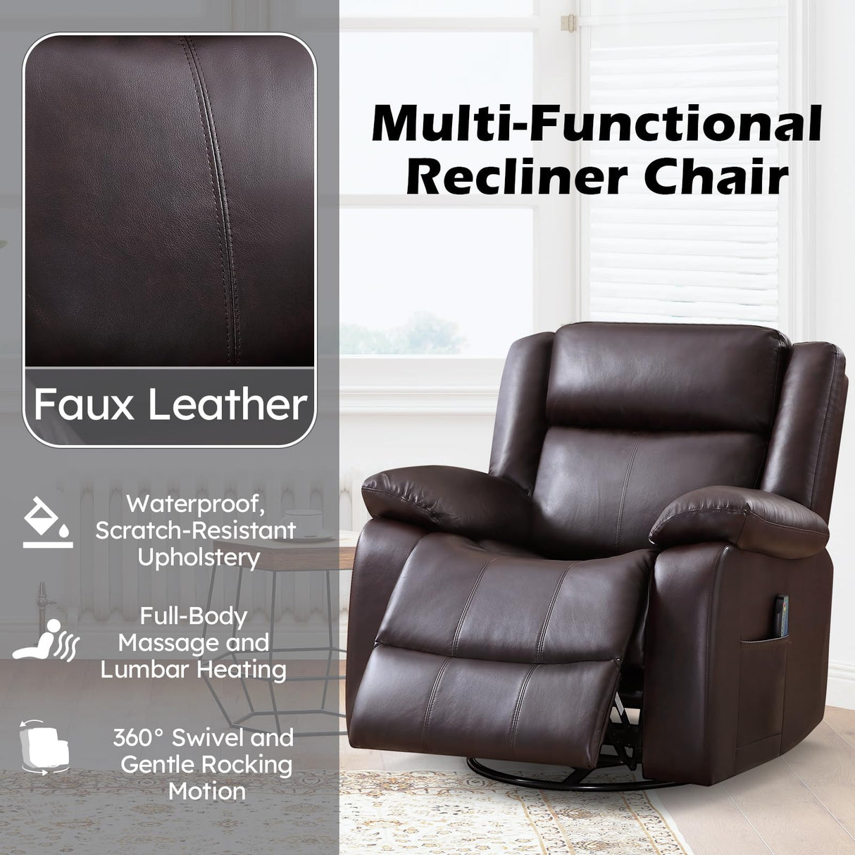 ANJ Swivel Rocker Recliner Chair, Manual Rocking Glider Massage Recliner with Heat, Overstuffed PU Leather Big Large Recliner for Living Room Bedroom Nursery ANJ