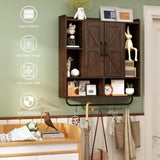 RUSTOWN Rustic Wood Wall Bathroom Cabinet, Farmhouse Medicine Cabinet Wall Mounted, Space Saving Wall Storage Cabinet with 2 Barn Door, 3-Tier Adjustable Shelves and Towel Bar(Dark Walnut) RUSTOWN