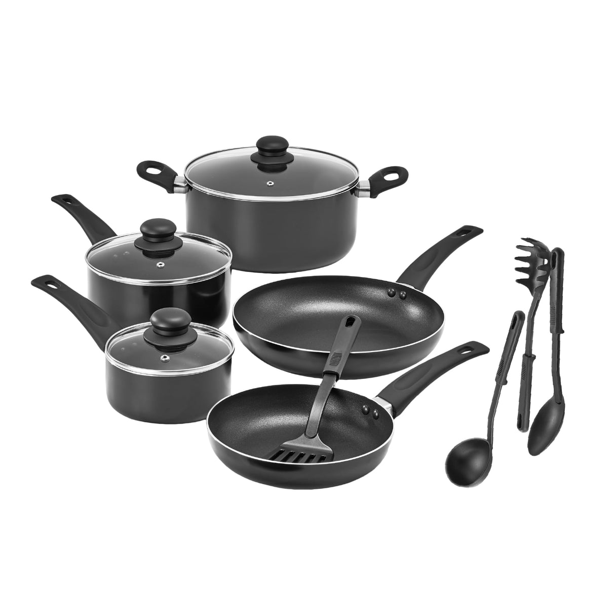 bella Cookware Set, 12 Piece Pots and Pans with Utensils, Nonstick PFOA Free Scratch Resistant Cooking Surface Compatible with All Stoves, Nylon and Aluminum, Black BELLA