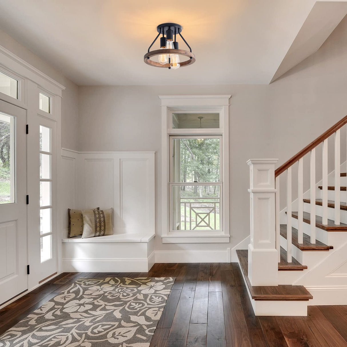 VILUXY Industrial Flush Mount Ceiling Light Fixture with Retro Wood Circle Shade for Hallway, Entryway, Bedroom, Balcony Passway 3-Light VILUXY