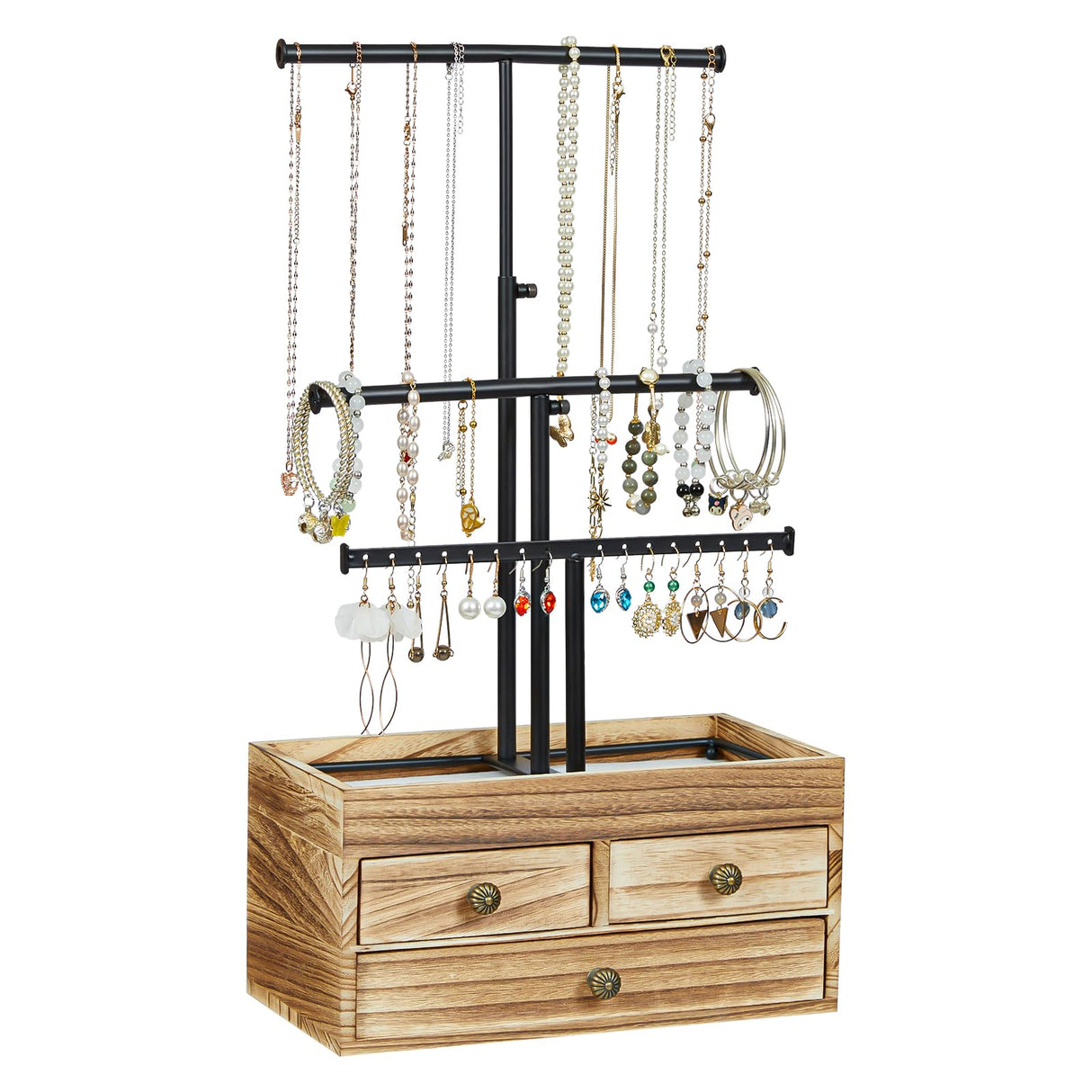 X-cosrack Jewelry Tree Stand Organizer 3 Tier Metal Jewelry Holder Stand with Wood Basic Storage Box, Adjustable Height Holder Display for Necklaces Earrings Bracelets and Rings, Carbonized Black X-cosrack