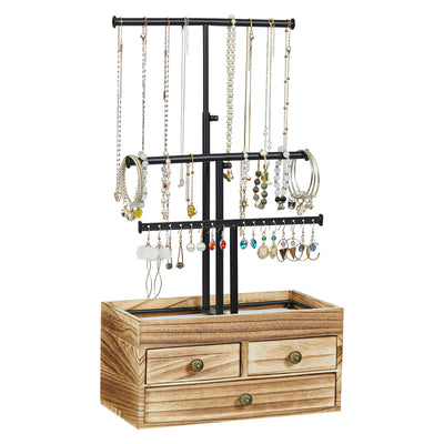 X-cosrack Jewelry Tree Stand Organizer 3 Tier Metal Jewelry Holder Stand with Wood Basic Storage Box, Adjustable Height Holder Display for Necklaces Earrings Bracelets and Rings, Carbonized Black