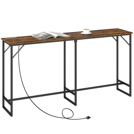HOMCOM 70" Long Counter Height Table with Charging Station, Industrial Style Rectangular Bar Table with Steel Frame for Dining Room, Kitchen, Rustic Brown HOMCOM
