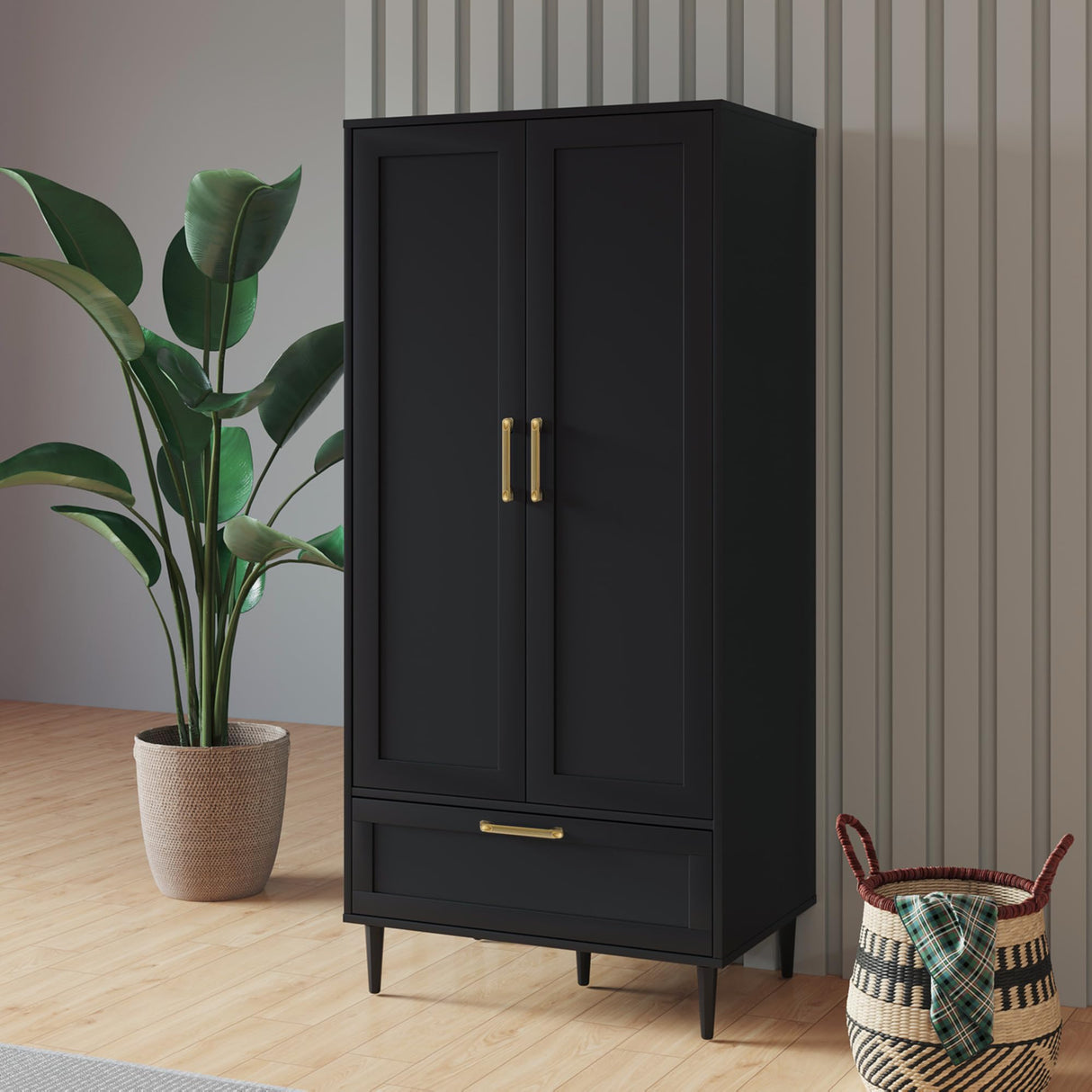 ALBSL Bedroom Armoire Wardrobe Closet with Hanging Rod,60" 2 Door Almirah for Clothes with Drawers,Morden Storage Cabinet,Black ALBSL