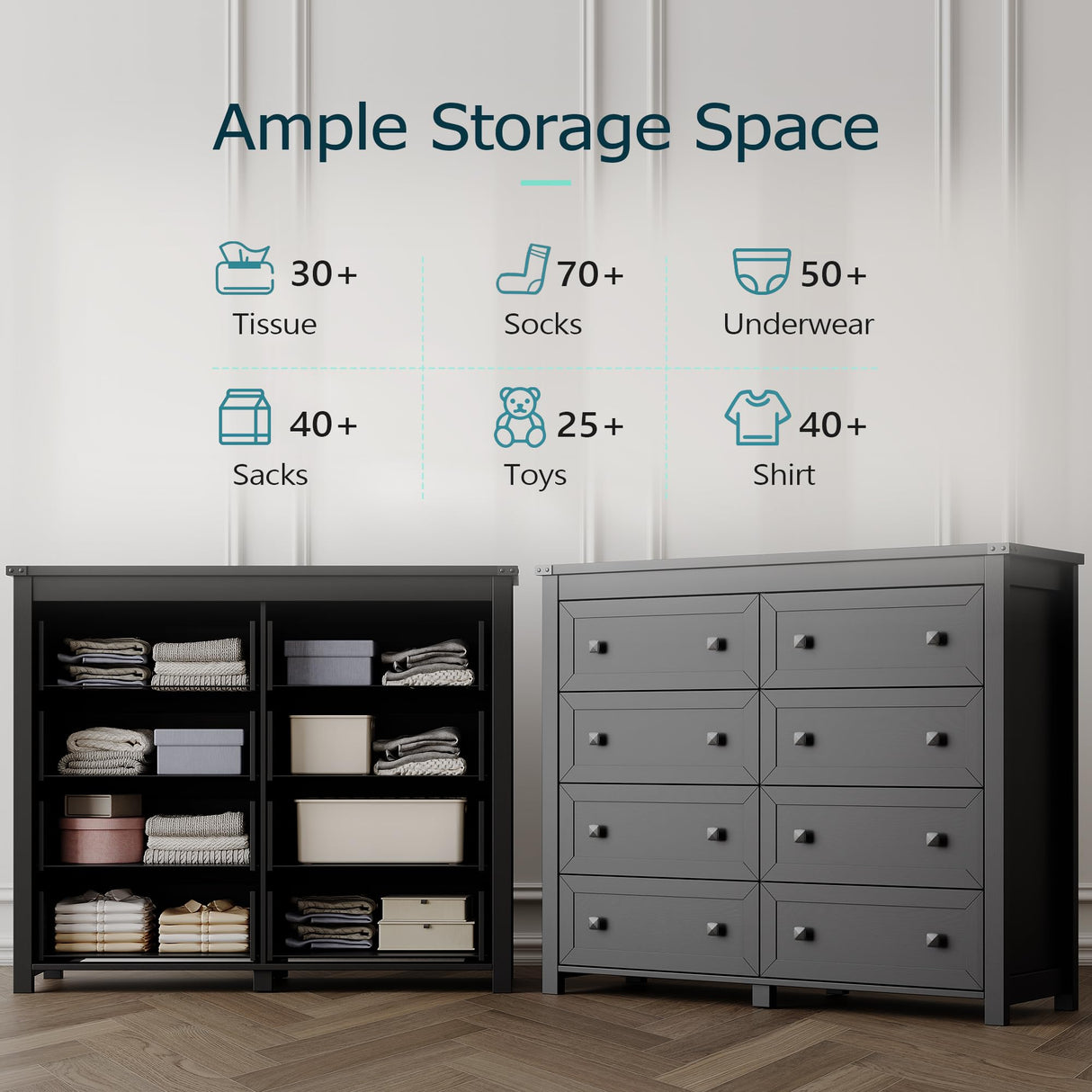 Dresser for Bedroom with 8 Drawers, Farmhouse Wood Chest of Drawers, Wide TV Stand Closet Storage Furniture with Metal Handle, Modern Clothes Organizer for Hallway, Living Room, Entryway, Black Xixini