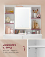 VASAGLE Vanity Desk with Mirror and Lights, Makeup Vanity with Upholstered Vanity Stool, Dimmable LED Lights, Adjustable Shelves, 7 Compartments, 2 Drawers, for Bedroom, Cloud White URDT131W01 VASAGLE