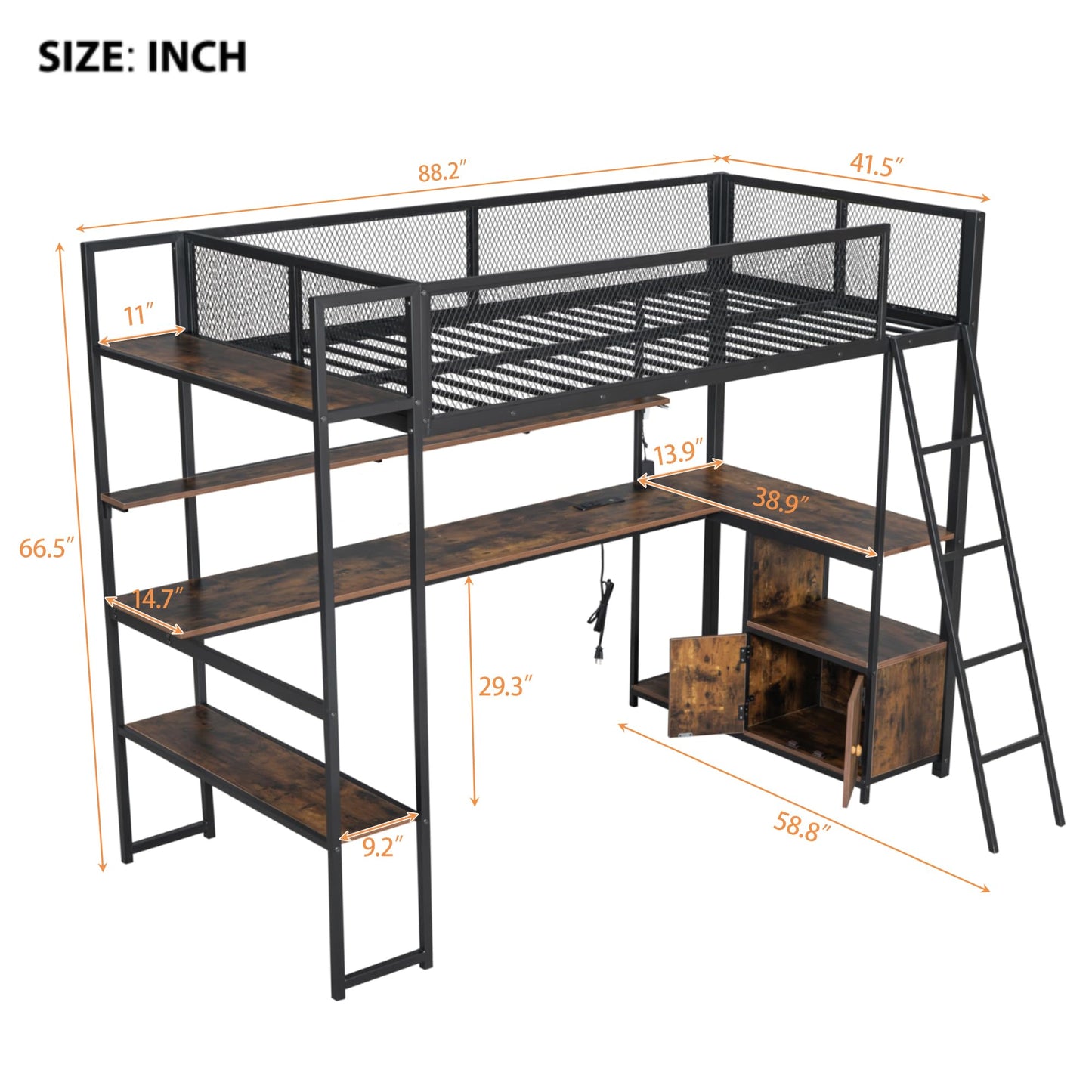 Twin Loft Bed with Charging Station and RGB LED Light, Twin Size Loft Bed with Desk and Storage Shelf, Twin Loft Bed with Door and Full Length Guardrails(Twin Black)