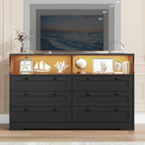 Large Black Wood Dresser, 55" Wide 6 Drawer Dresser with LED Light & Built-in Storage, Ideal for Bedroom, Living Room, Closet, Wide Dressers for Bedroom HarmoHaby