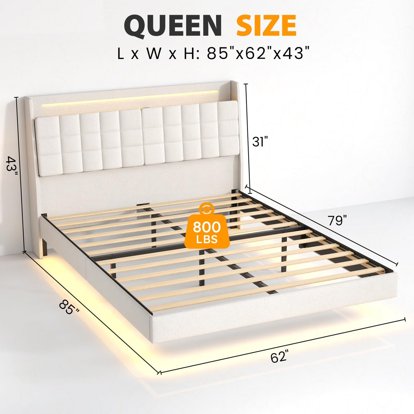 Zevemomo Floating Queen Bed Frame with Storage, Upholstered Platform Bed Frame Queen with LED Lights, Floating Bed Frame with Headboard, Charging Station with USB Ports, Noiseless, White