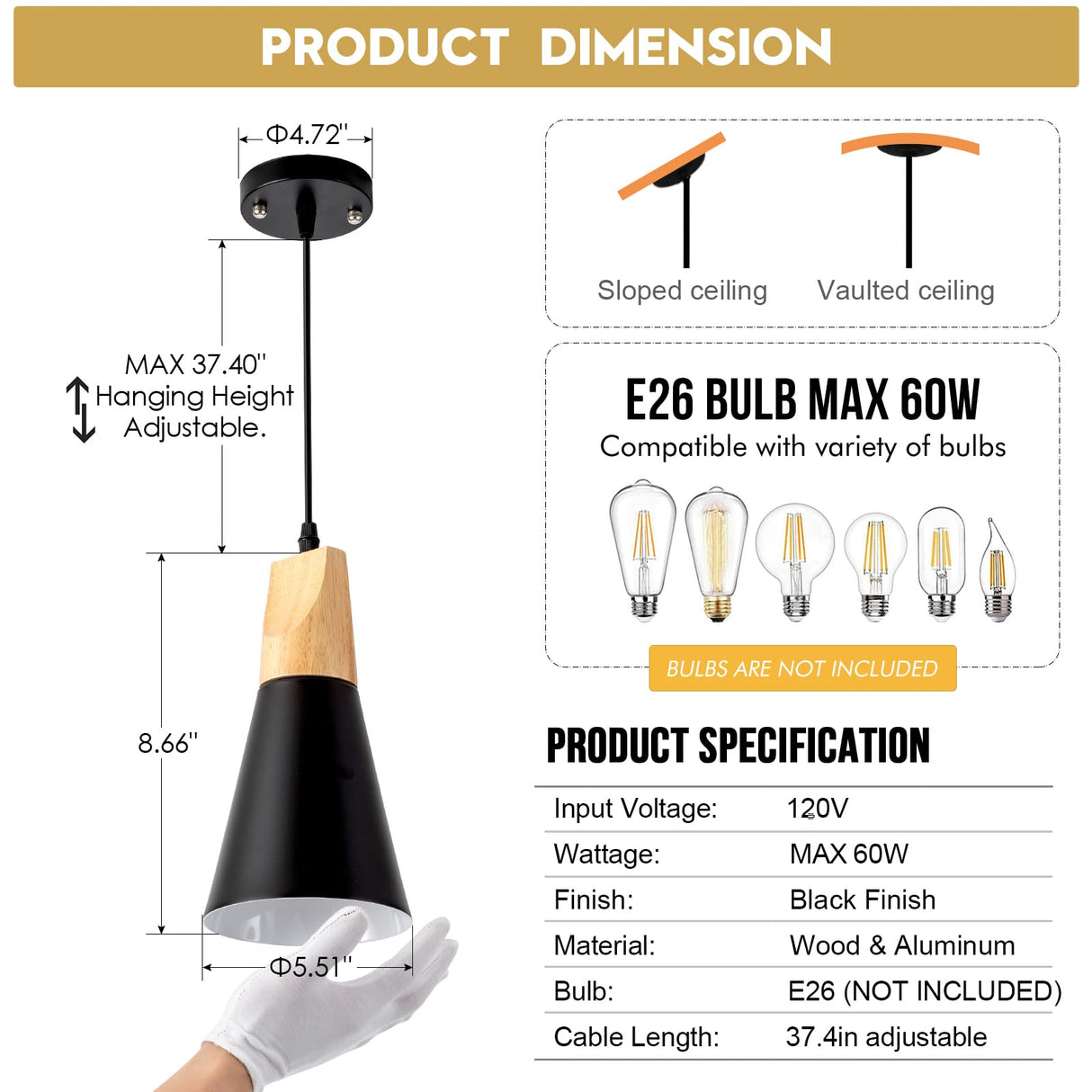 Black Wood Nordic Pendant Light for Kitchen Island, 3-Pack Modern Small Pendant Hanging Lighting for Dining Room, Restaurant, Bar, Light Over Island, Kitchen Sink Nieadu