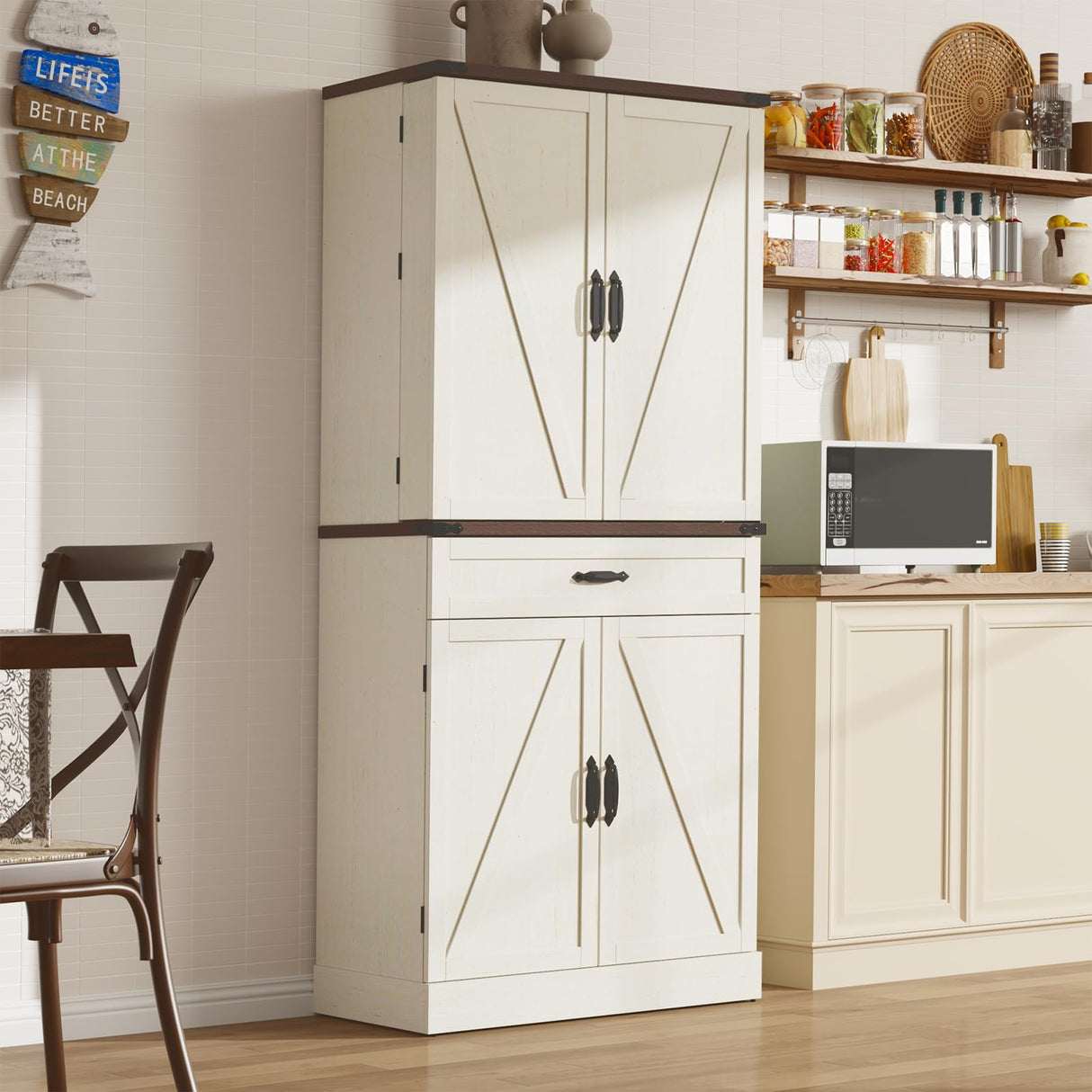 71" Tall Kitchen Pantry Cabinet with 3 Drawers, Farmhouse Storage Cabinet with 6 Barn Door Shelves,with Load-Bearing Steel Pipe and Adjustable Shelves,Pantry Organizer for Kitchen,Living Room(White) jiteentarou