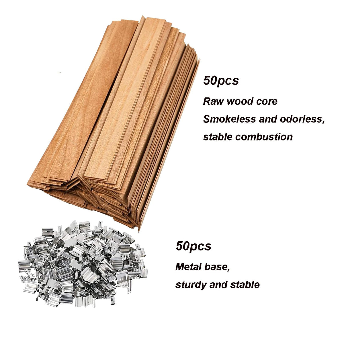 QPZ 100Pcs Cotton Candle Wicks 6" Pre-Waxed with Tabs,50Pcs Wooden Candle Wicks Smokeless,Wood Candle Making Wicks 0.59*5.9 Inch with 50Pcs Wick Clips Holders Metal Based for Candle DIY,Candle Making pice