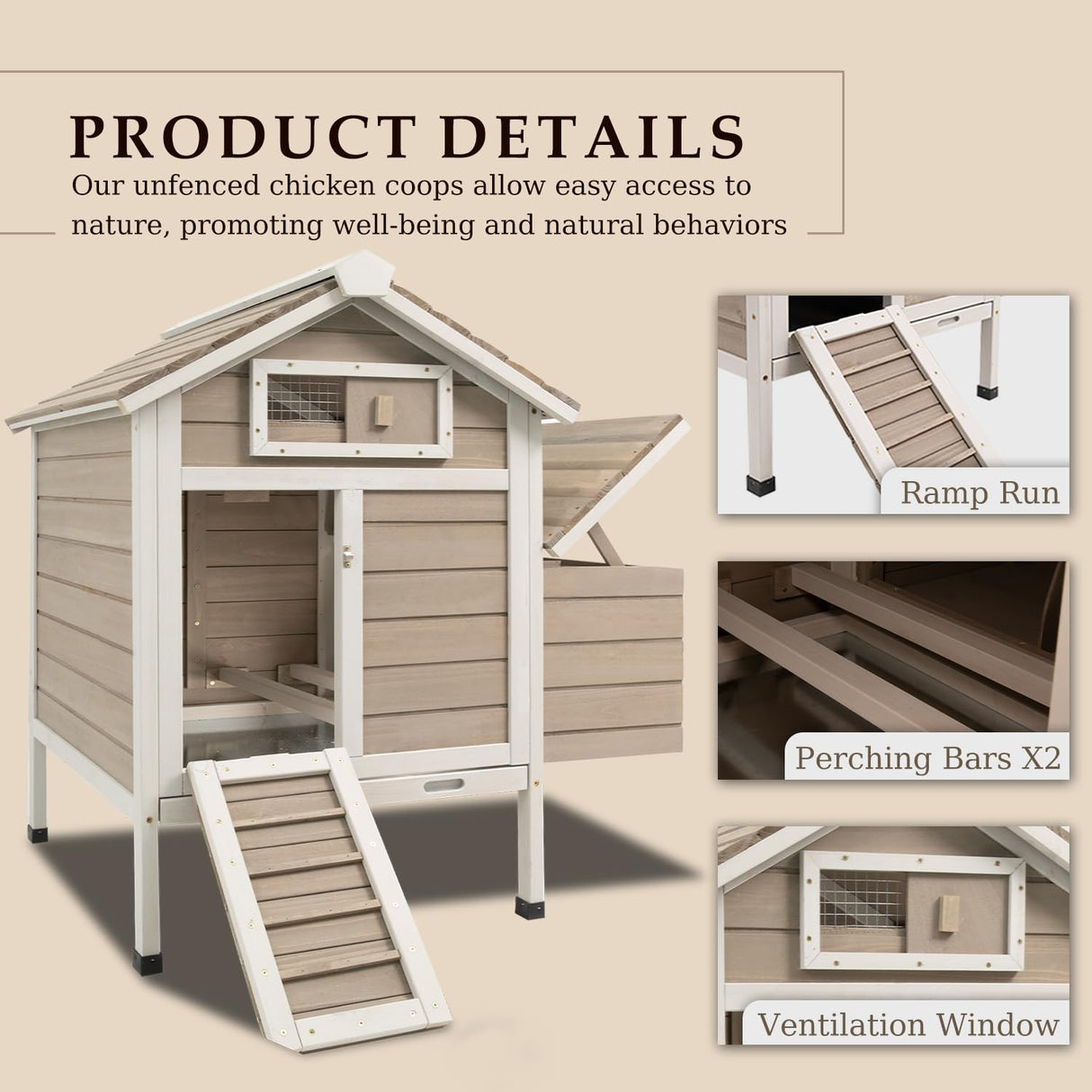 Ketive Chicken Coop Chicken House Outdoor with Removable Trays, Wooden Rabbit Hutch Poultry Cage with Nesting Box, Indoor Hen House Chicken Cage with Ramp for Garden Backyard (32"L x 23.6"W x 36.6"H) ketive