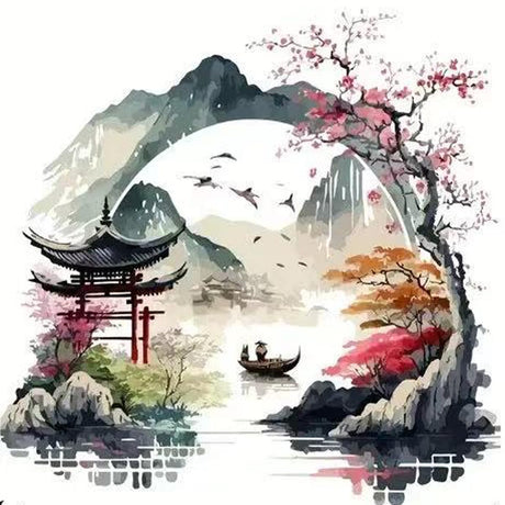 GEMFAMILY Diamond Painting Kits for Adults Beginner,5D Diamond Art Kits for Courtyard Under The Cherry Blossom, DIY Full Drill Landscape Diamond Dot Gem Art Kits for Home Decor 13.8 x 13.8 Inch GEMFAMILY