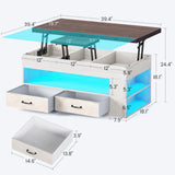 Itaar Lift Top Coffee Table, 4 in 1 Coffee Tables with Storage and Hidden Compartment, Farmhouse Coffee Table with 2 Fabric Drawers & LED Light for Living Room, White Itaar