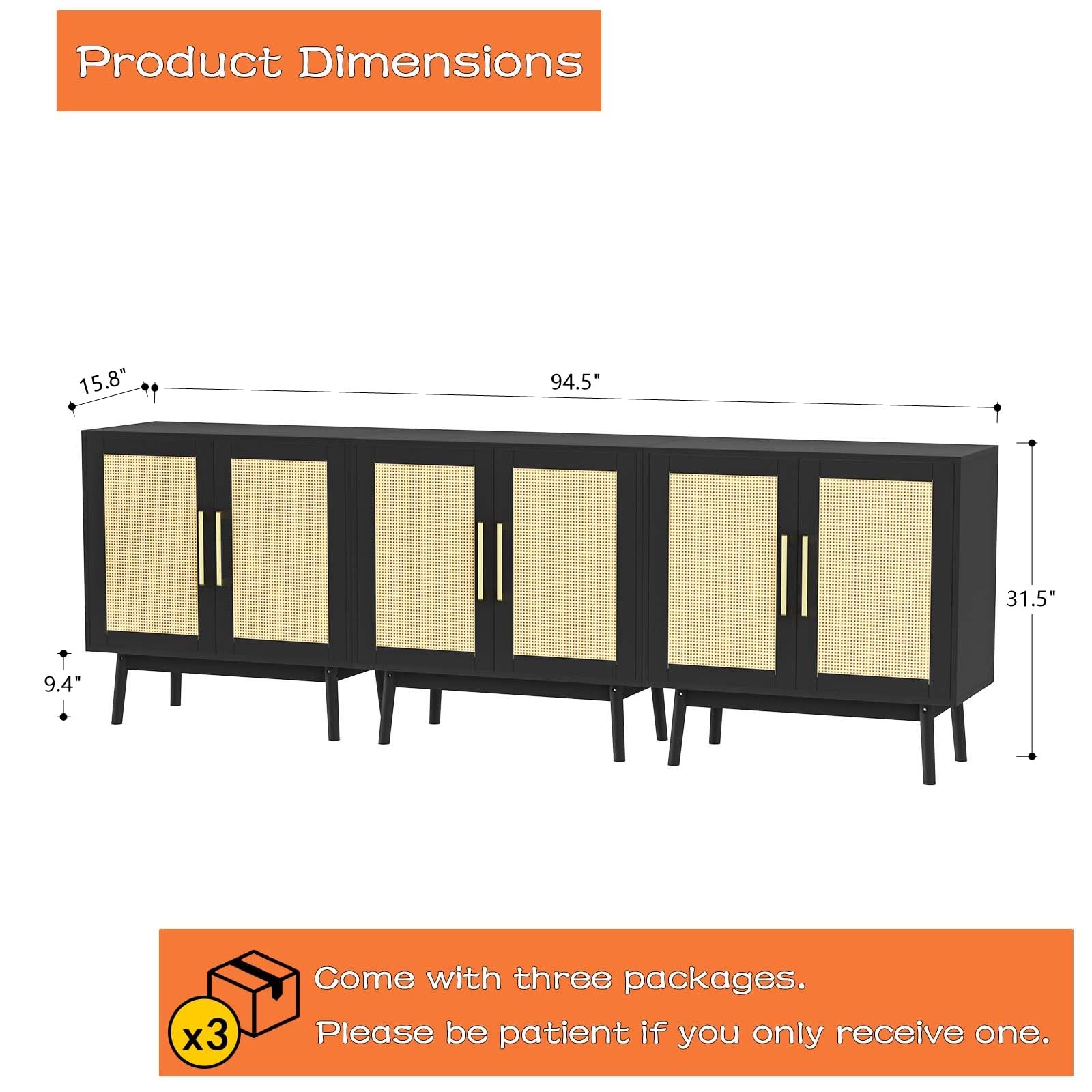 LYNSOM Sideboard Buffet Storage Cabinet, Long Buffet Cabinet with Rattan Decor Doors, Cupboard Console Table, 3 Pieces Wooden Sideboard Cabinet for Hallway, Entry, Living Room, Black - WoodArtSupply