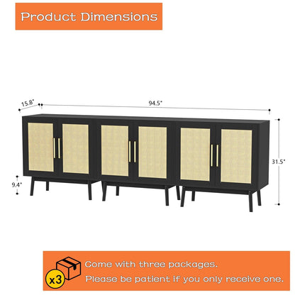 LYNSOM Sideboard Buffet Storage Cabinet, Long Buffet Cabinet with Rattan Decor Doors, Cupboard Console Table, 3 Pieces Wooden Sideboard Cabinet for Hallway, Entry, Living Room, Black - WoodArtSupply