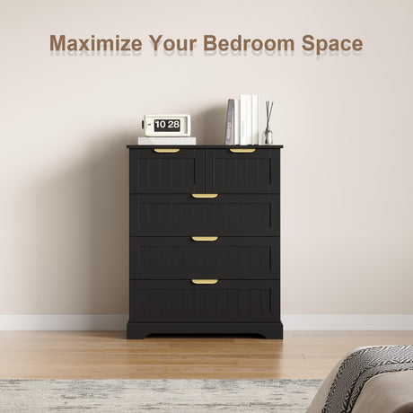 ELUREVIA 5 Wooden Drawer Dresser for Bedroom Storage, Modern Farmhouse Wood Chest of Drawers with Metal Handles, Wide Storage Cabinet for Closet, Living Room, or Entryway Black ELUREVIA