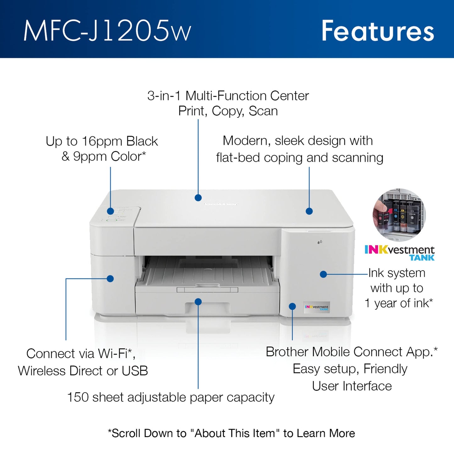 Brother MFC-J1205W INKvestment -Tank Wireless Multi-Function Color Inkjet Printer with Up to 1-Year in Box, White