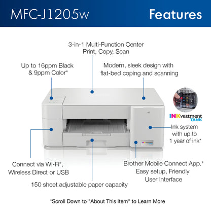 Brother MFC-J1205W INKvestment -Tank Wireless Multi-Function Color Inkjet Printer with Up to 1-Year in Box, White