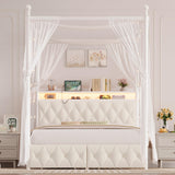 HIFIT Queen Size Upholstered LED Canopy Bed Frame with Storage and Charging Station, Button Tufted Storage Headboard with Bookshelf, Two-Use Metal Platform Bed with 4 Removable Post & 2 Drawers, Biege HIFIT