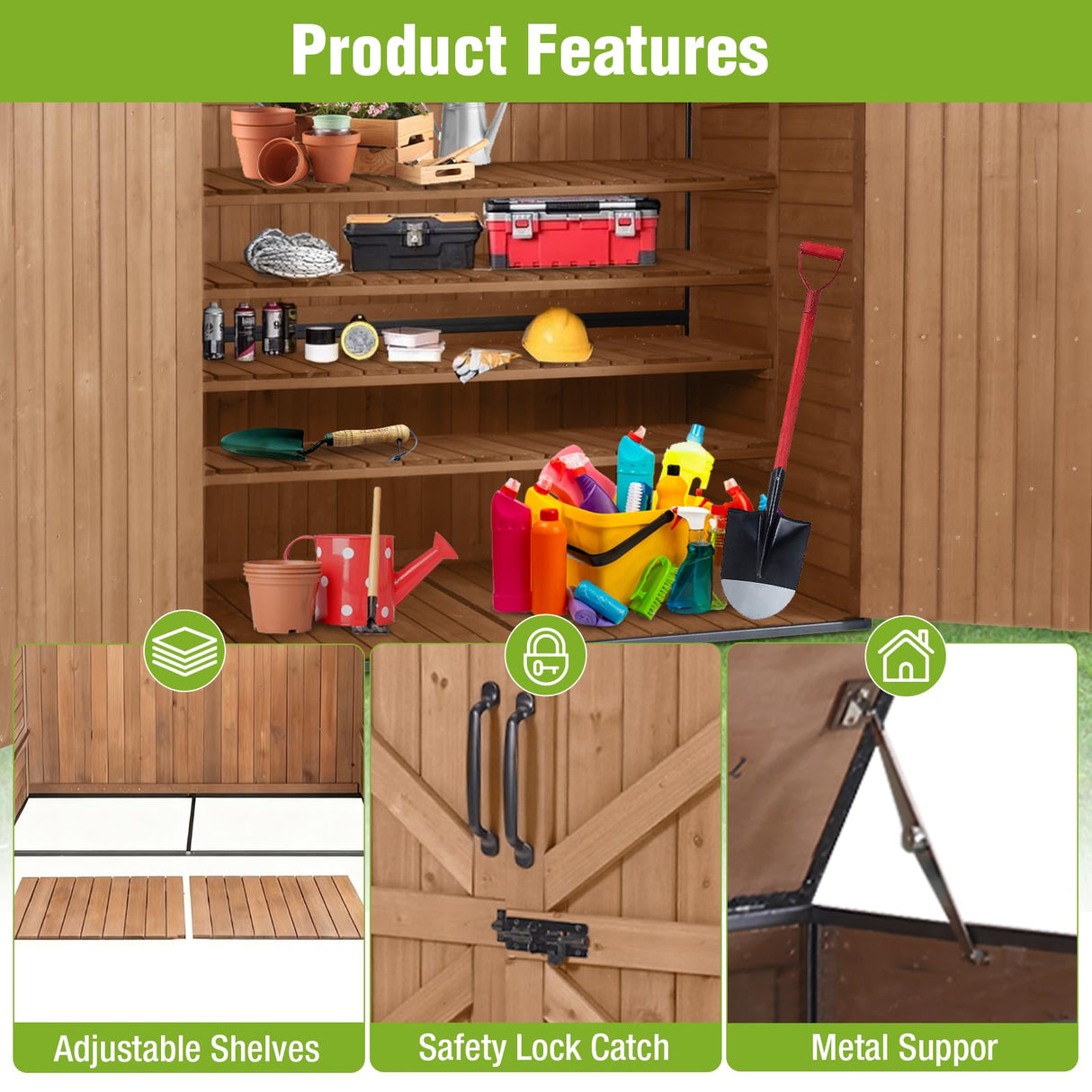 Joyqinchen Outdoor Storage Shed with Strong Metal Frame, Wooden Garden Sheds with Adjustable Shelves and Removable Floor, Weatherproof Outdoor Trash Can Shed, Horizontal Storage Cabinet for Patio Joyqinchen