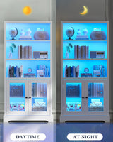 TVU 5-Tier Bookshelf, 65" Bookshelf with Multi-Color Ambient Lights (APP Remote Control), Tall Vertical Display Shelf with Cabinet Doors, Suitable for Living Room, Bedroom, Study, Office, White TVU