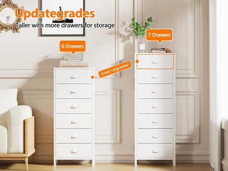 Furnulem White Tall Dresser for Bedroom with 7 Drawers, Vertical Chest of Drawer in Closet, Nightstand Storage Tower Unit Organizer with Fabric Bins for Dorm,Living Room,Entryway,Hallyway Furnulem
